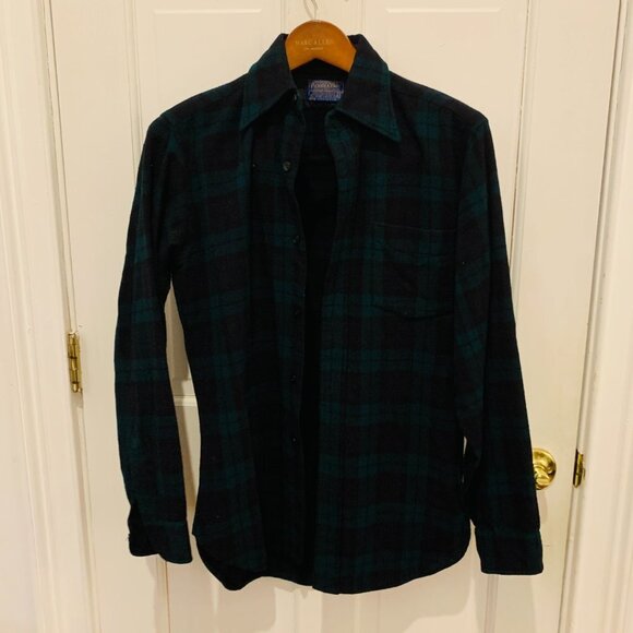 Pendleton Vintage 60s Wool Board Shirt Green Plaid Flap Pocket Loop USA Mens S - Picture 1 of 16